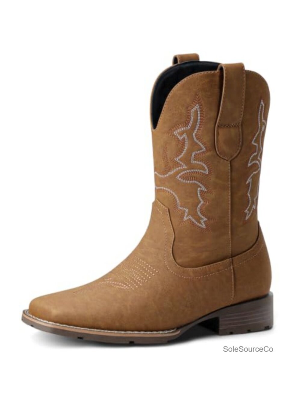 Men's Suede Western Cowboy Boots Embroidered Square Toe Pull-On Mid-Calf